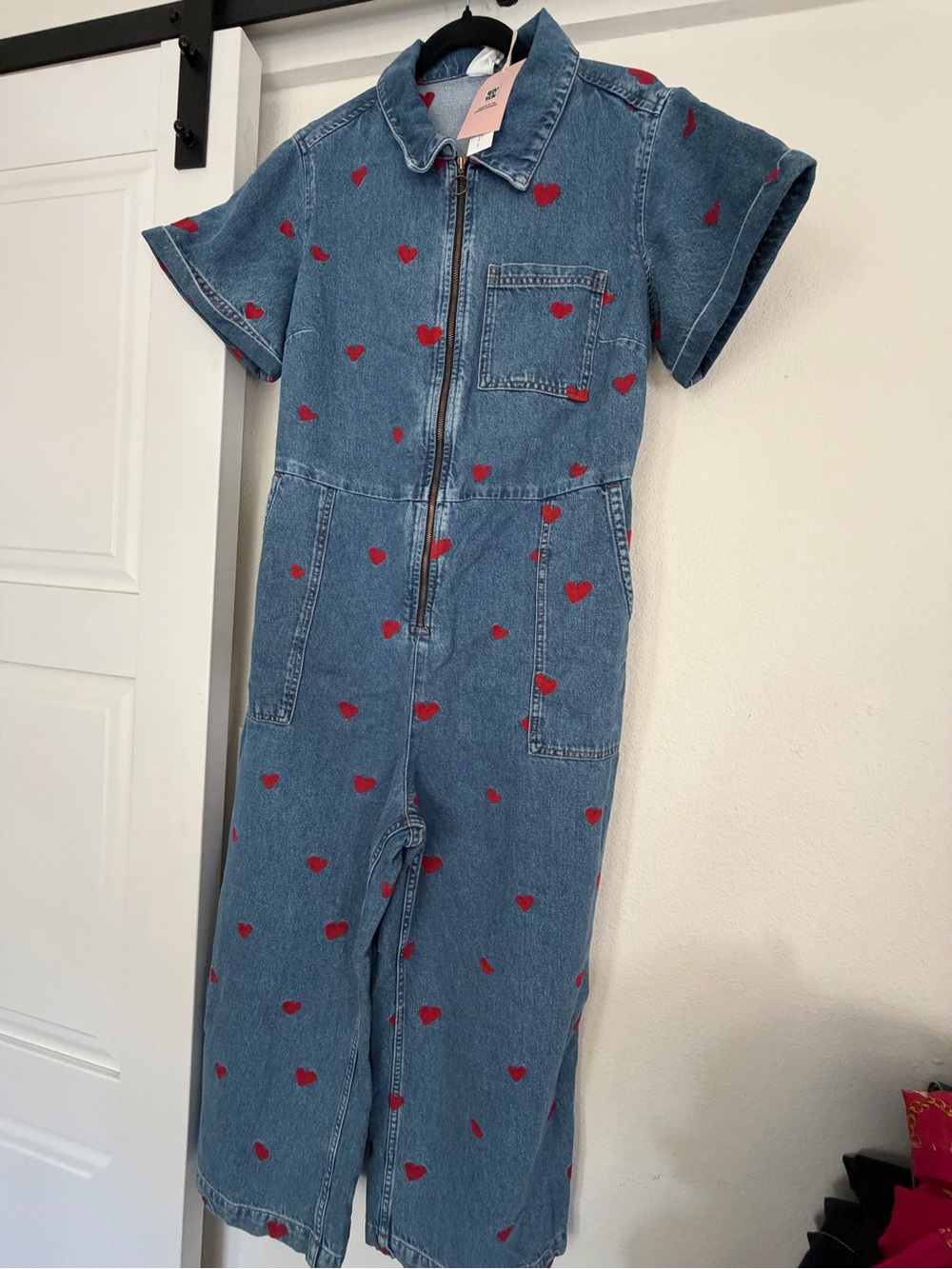 Lucy & Yak Ragan Cupid Denim Heart Jumpsuit Boilersuit - US 12 SHORT/ UK 16s